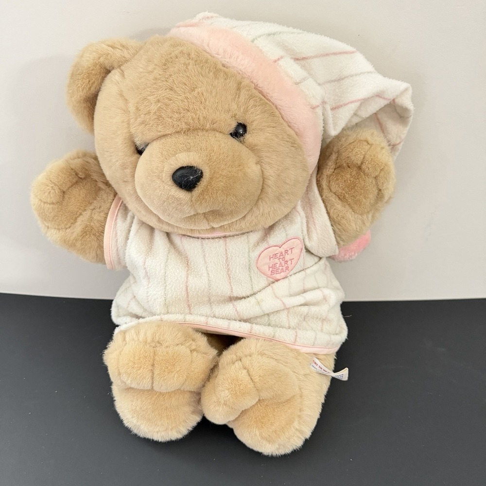 Vtg 1986 Chosun Heart To Heart Teddy Bear Plush 18" Pink Pajamas Cap READ